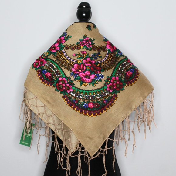 Rzecz Ludowa Accessories - Traditional scarf folklore Polish Poland small beige floral flowers new gift